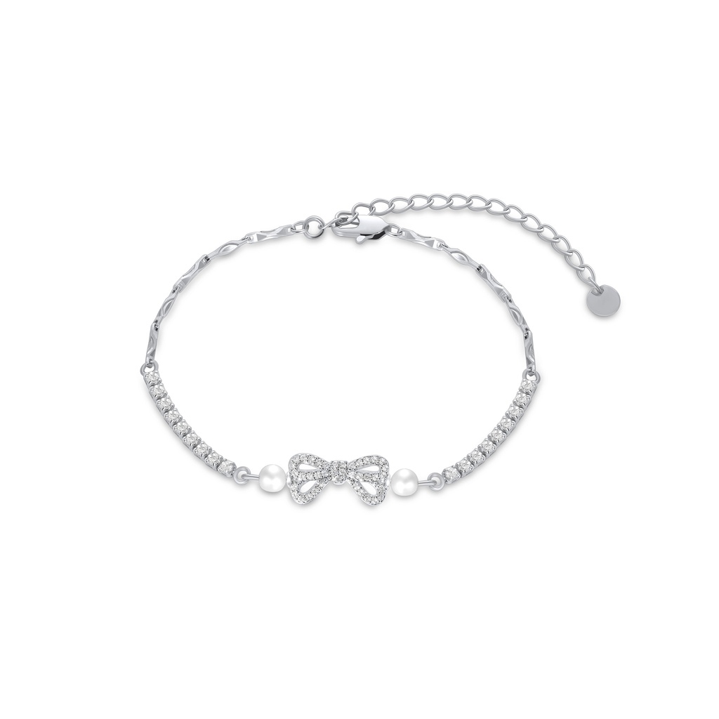 Silver Pearl Bow Bracelet with Sparkling Crystals and Twist Band
