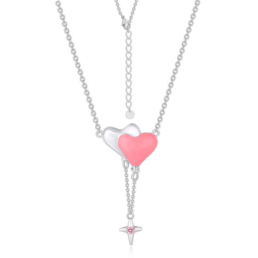Silver Pink Balloon Heart Necklace with Dangling Star Charm