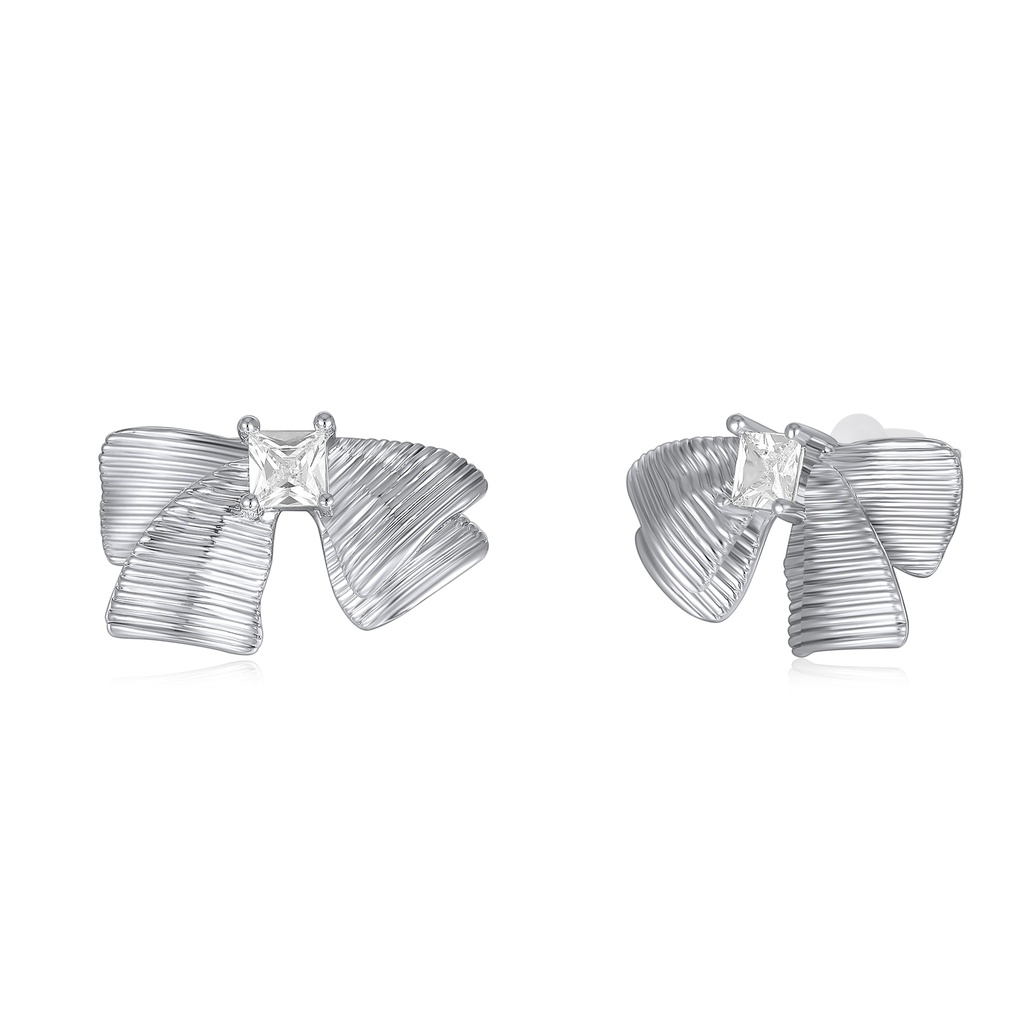 Silver Ribbon Bow Earrings with Square Crystal Center