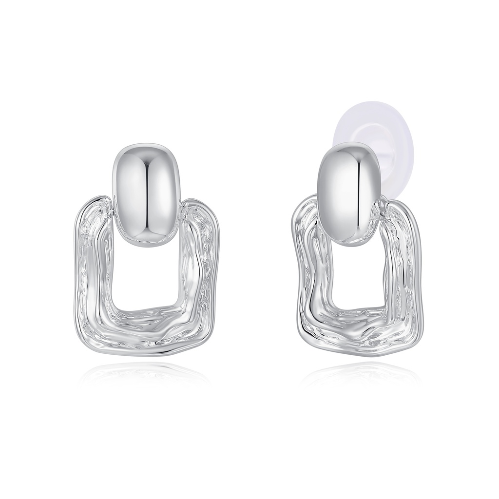 Silver Sculptural Square Link Modern Geometric Brass Drop Earrings