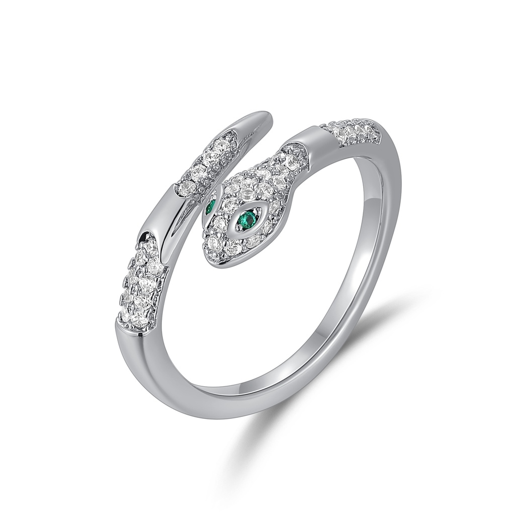 Silver Snake Wrap Ring with Green Eyes and Crystals