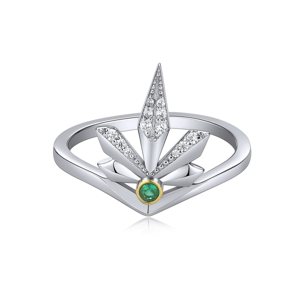Silver Spike Leaf Ring With Emerald And White Zircon