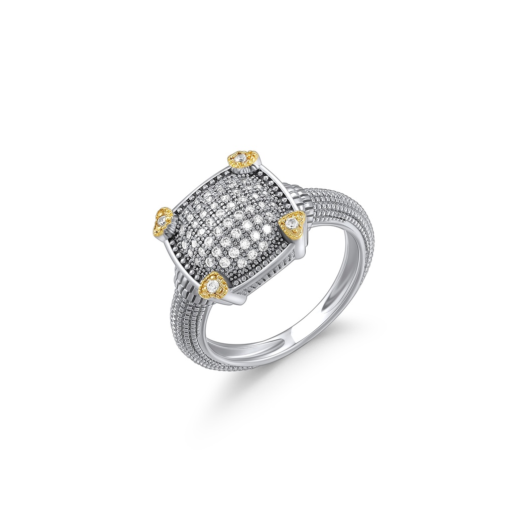 Silver Square Brass Ring with Gold Prongs and CZ Shine