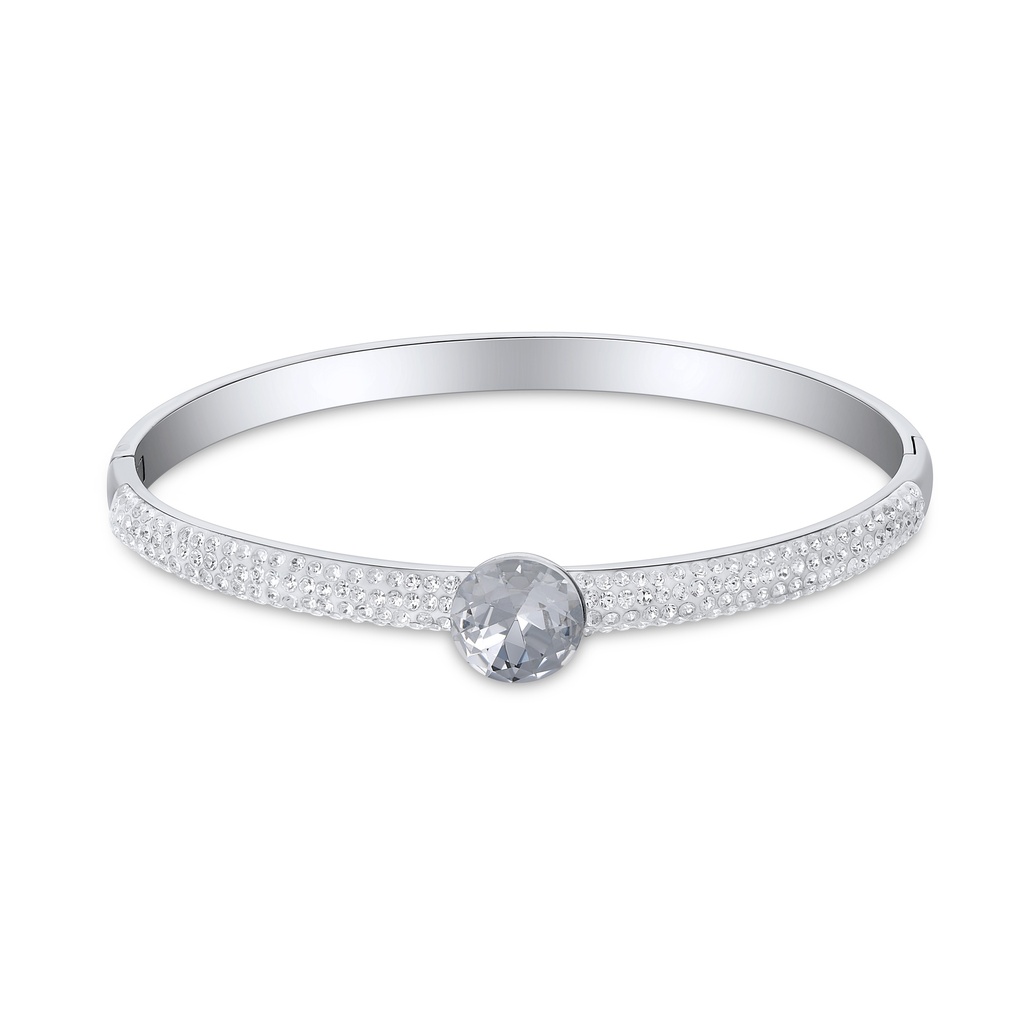 Silver Stainless Steel CZ-Studded Bangle with Center Stone