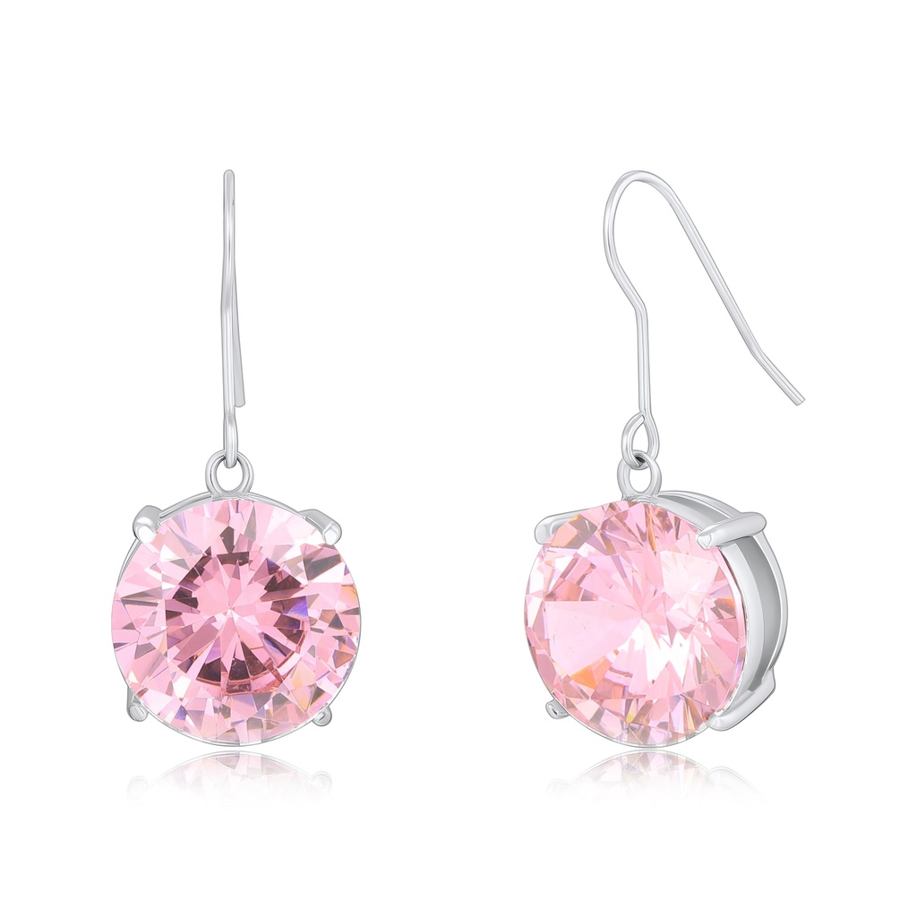 Silver Stainless Steel Drop Earrings with Large Pink Round Crystals