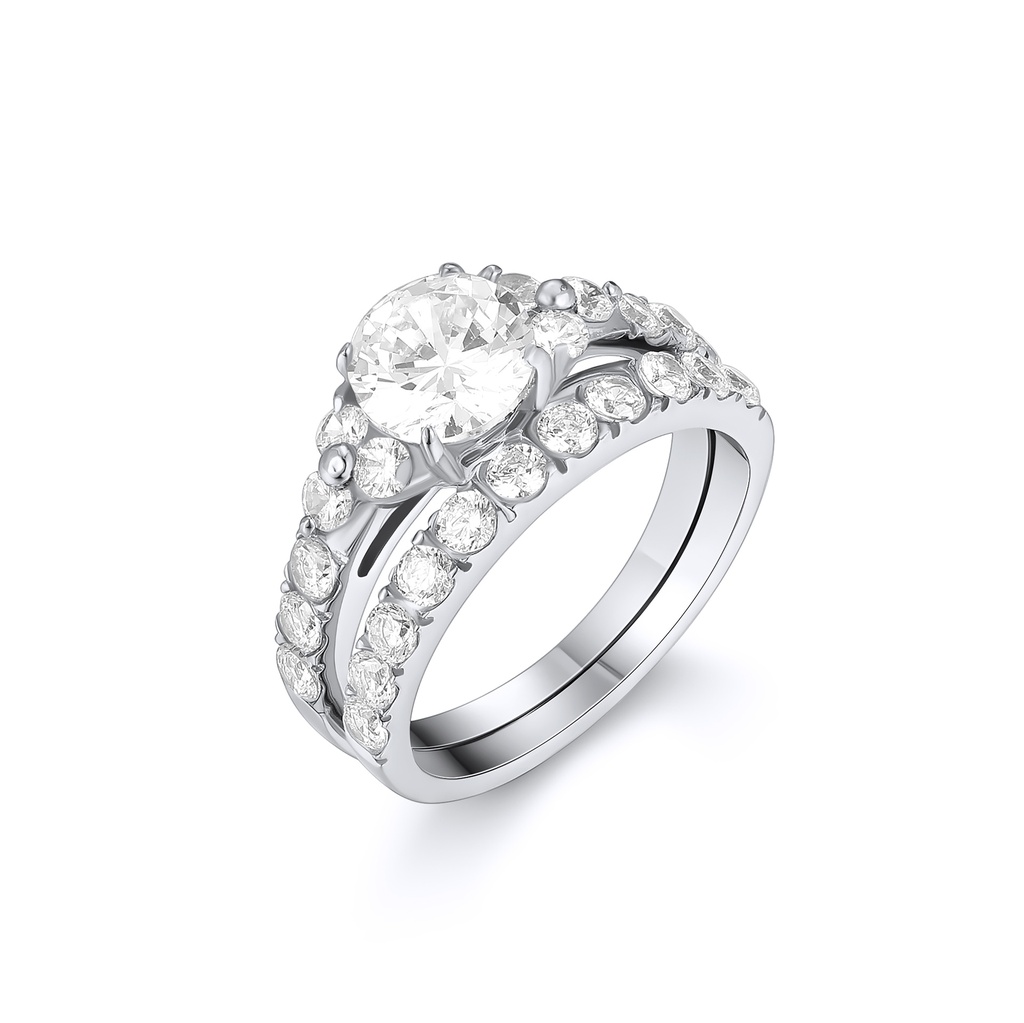 Silver Stainless Steel Engagement Ring with Large Center Stone and Accents