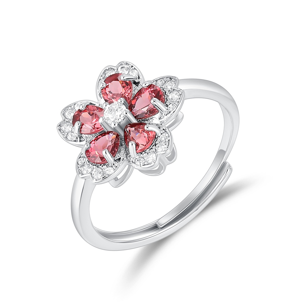 Silver Stainless Steel Flower Ring with Pink and Clear Stones