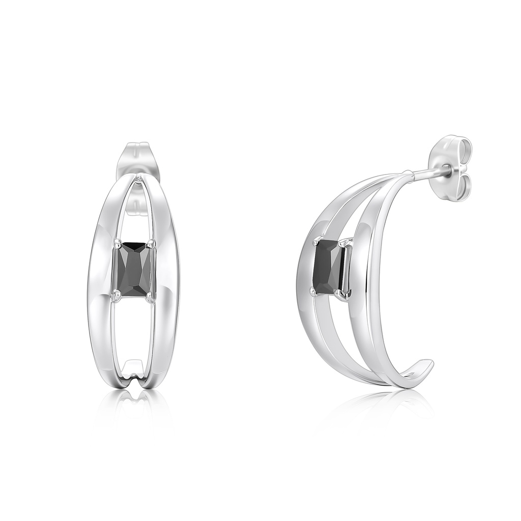 Silver Stainless Steel Hoop Earrings with Black Rectangular Center Stone