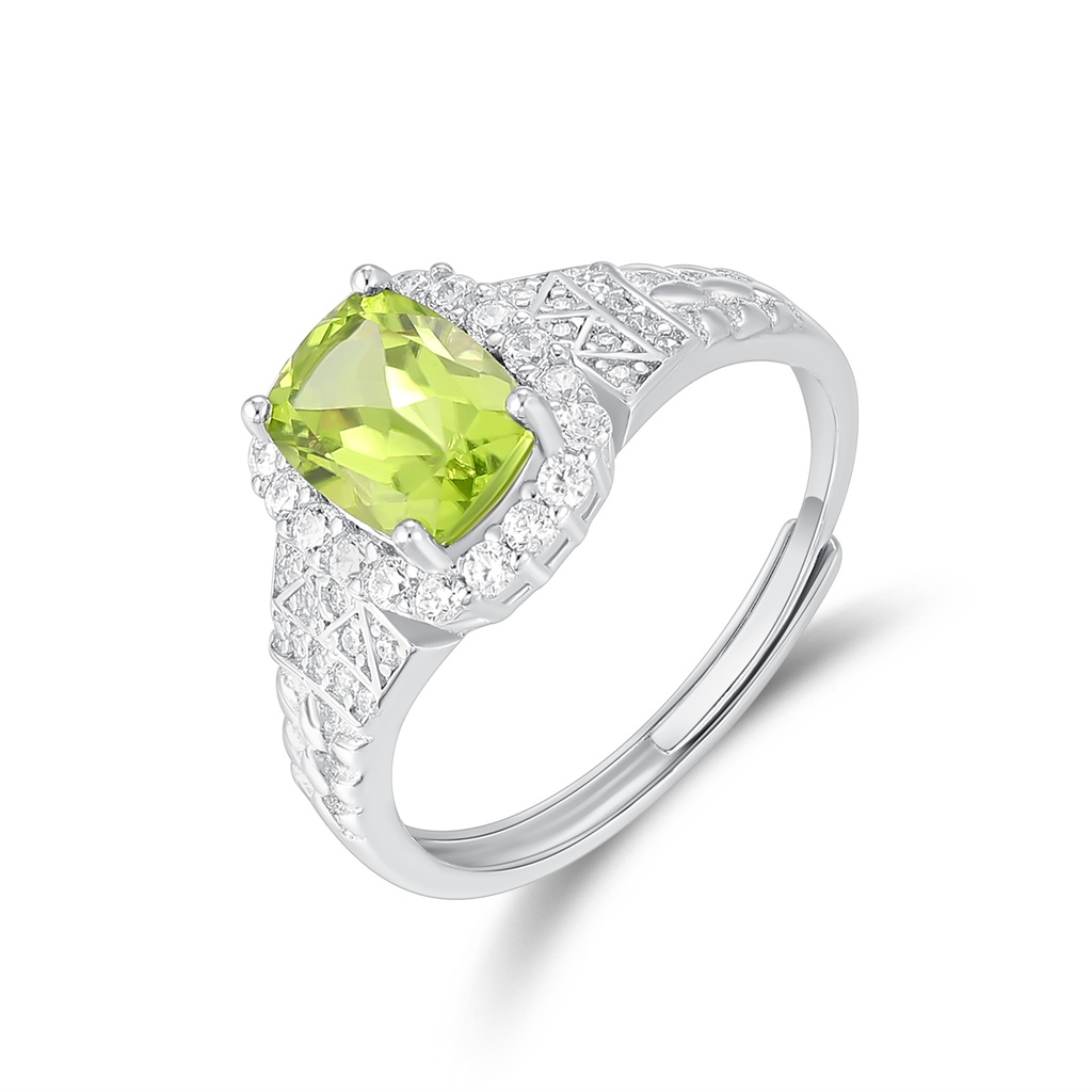 Silver Stainless Steel Ring with Green Gemstone and Zircon Accents