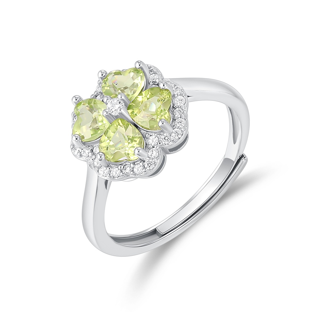 Silver Stainless Steel Ring with Green Heart Stones and Zircon Halo