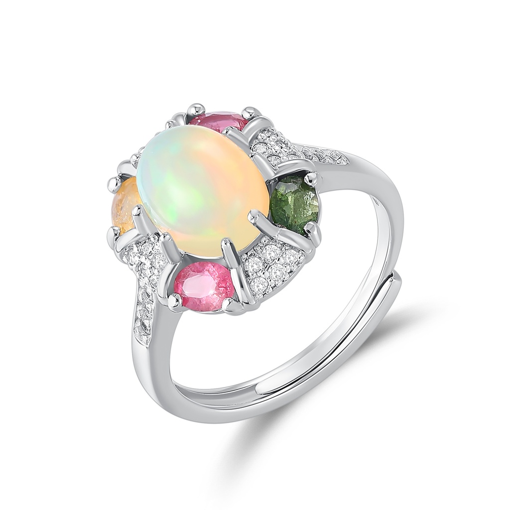 Silver Stainless Steel Ring with Opal and Multi-Colored Gemstones