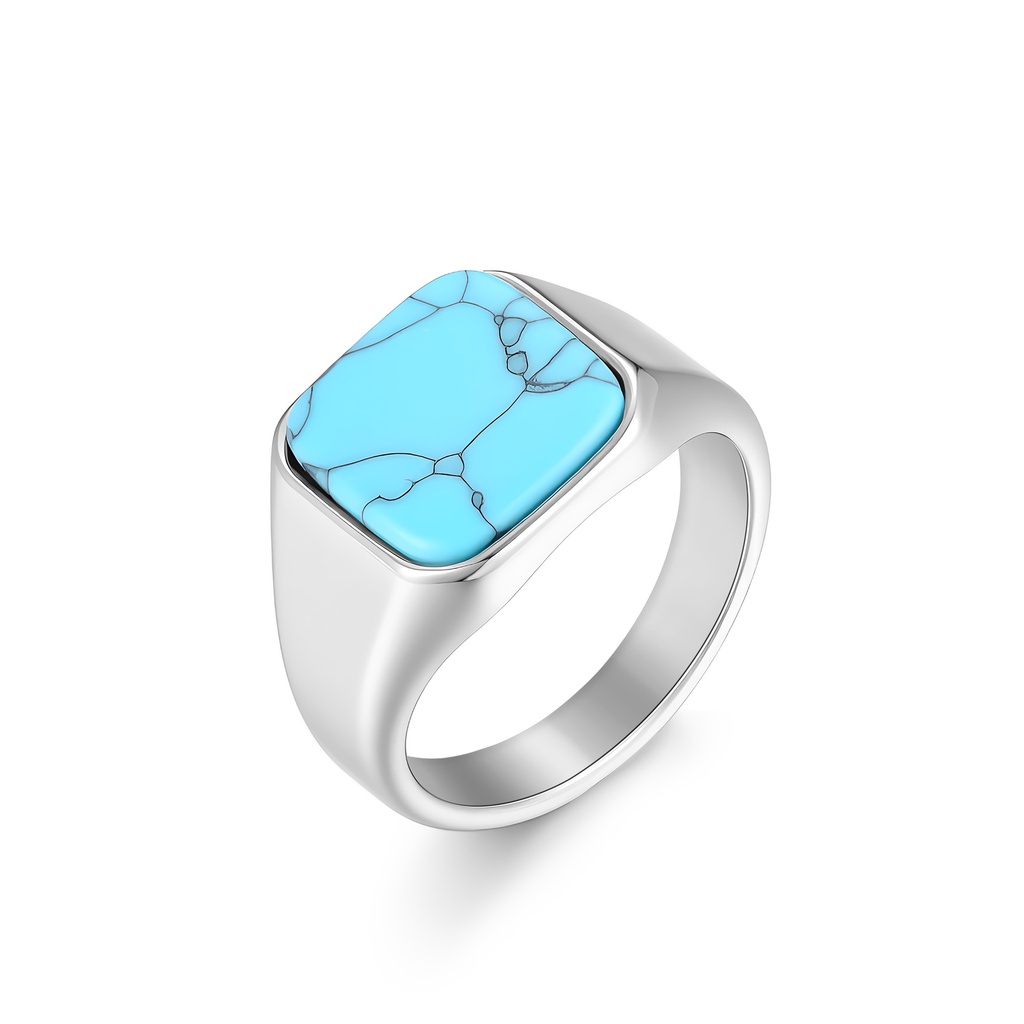 Silver Stainless Steel Ring with Rectangular Turquoise Stone Accent