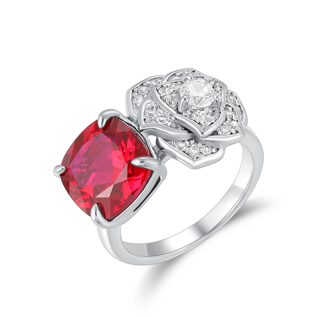 Silver Stainless Steel Ring with Red Gemstone and Rose Design