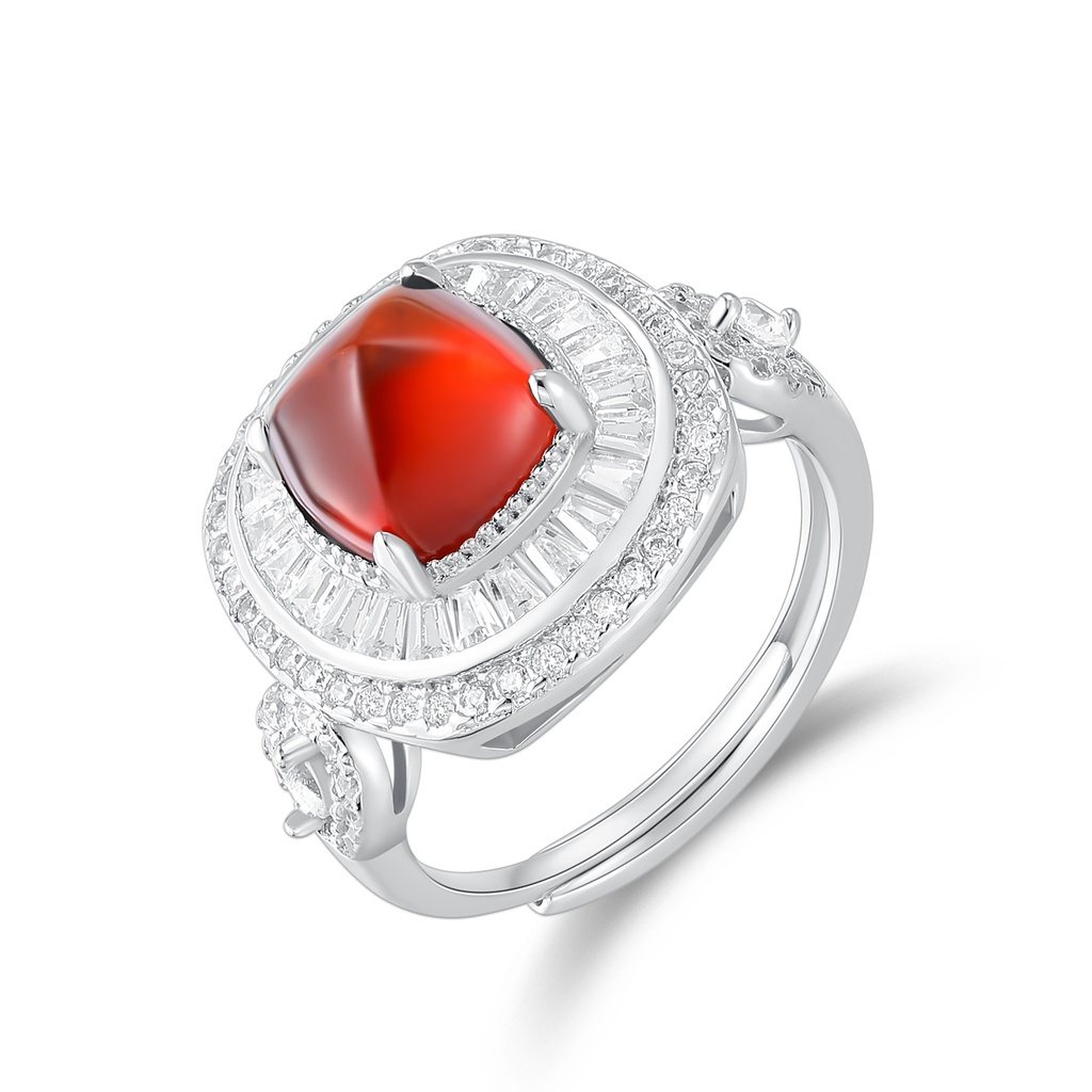 Silver Stainless Steel Ring with Red Gemstone and Zircon Halo