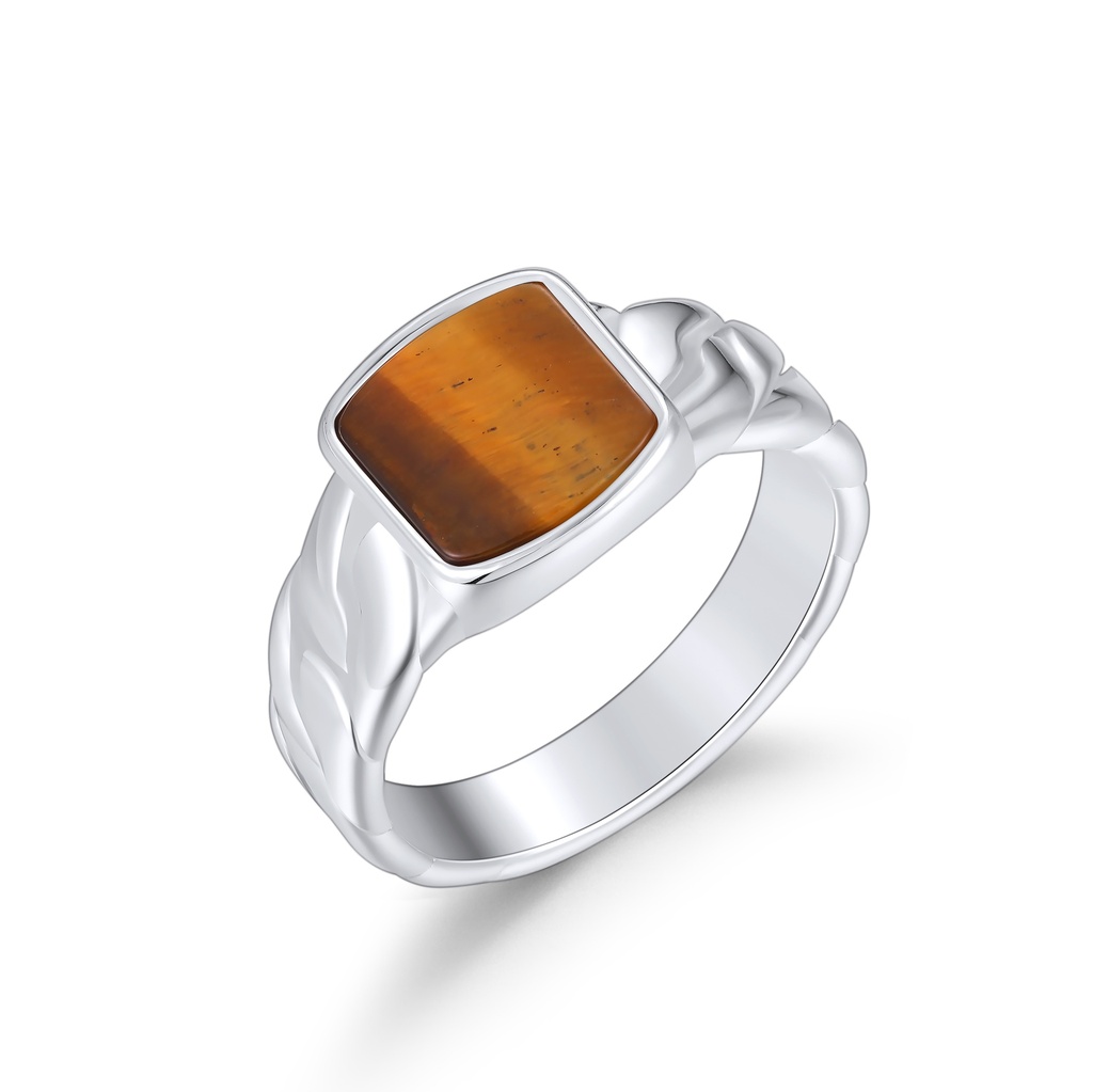 Silver Stainless Steel Ring with Square Tiger Eye Gemstone