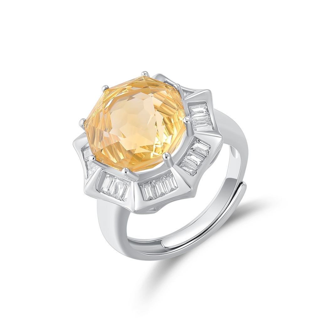 Silver Stainless Steel Ring with Yellow Gemstone and Baguette Zircon