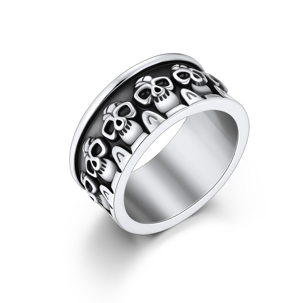 Silver Stainless Steel Skull Band Ring, Gothic Punk Style