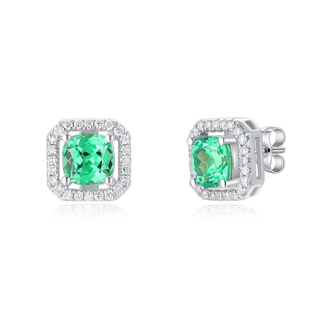 Silver Stainless Steel Stud Earrings with Green and White Crystals