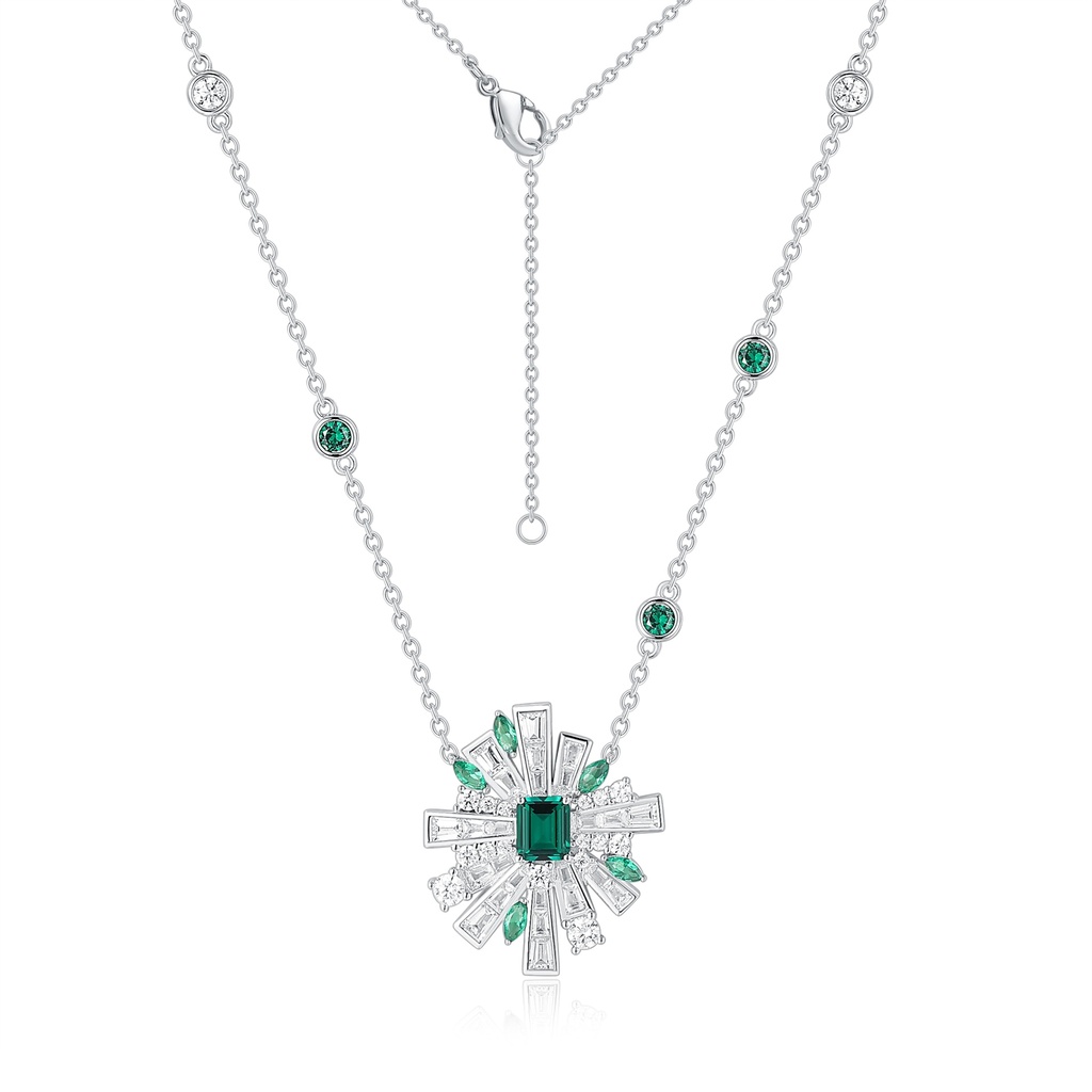Silver Starburst Necklace with Emerald Green CZ and Station Chain