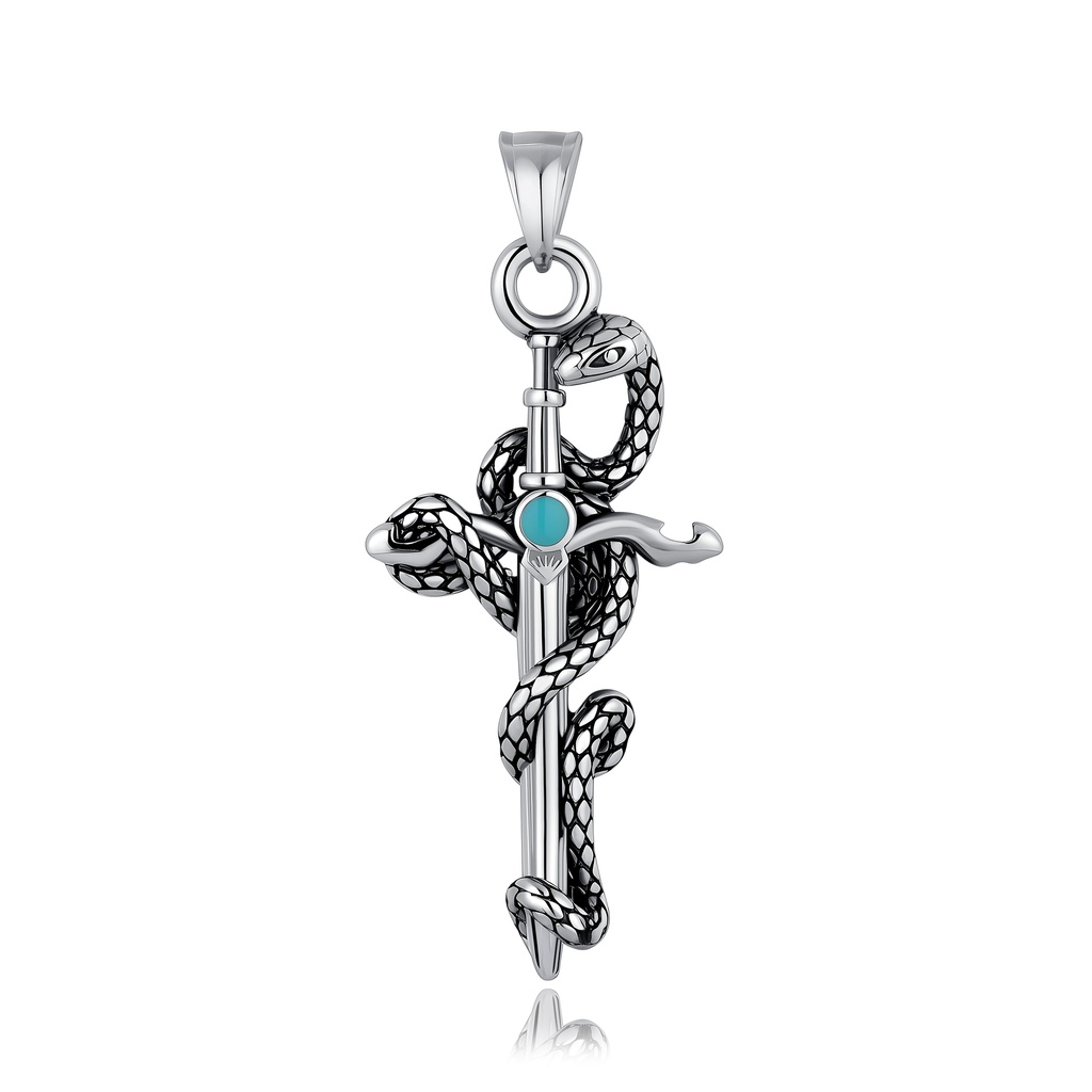 Silver Sword and Snake Pendant with Blue Gem Center
