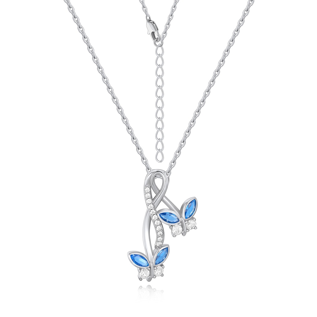 Silver butterfly necklace with double blue crystal wing charms.