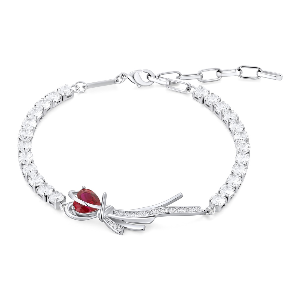 Silver tennis chain bracelet with ruby bowknot heart charm