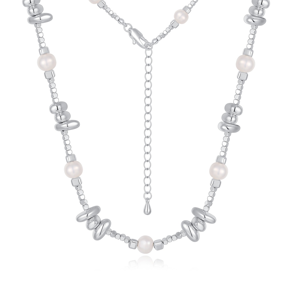 Silver-Toned Brass Necklace with Irregular Beads and Pearls