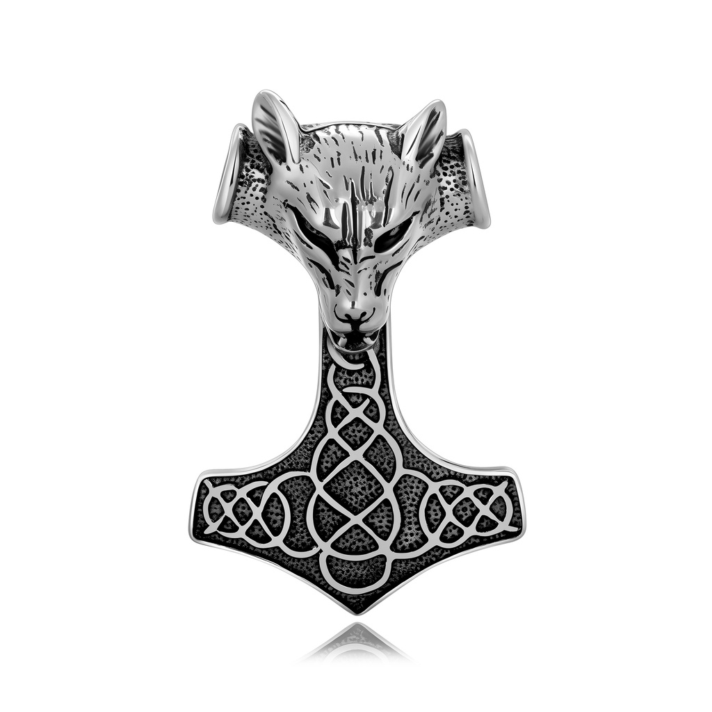 Silver-tone Viking pendant blending wolf strength with Thor's power.