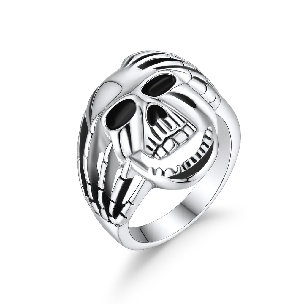 Skeleton Hand Holding Skull Stainless Steel Gothic Statement Ring