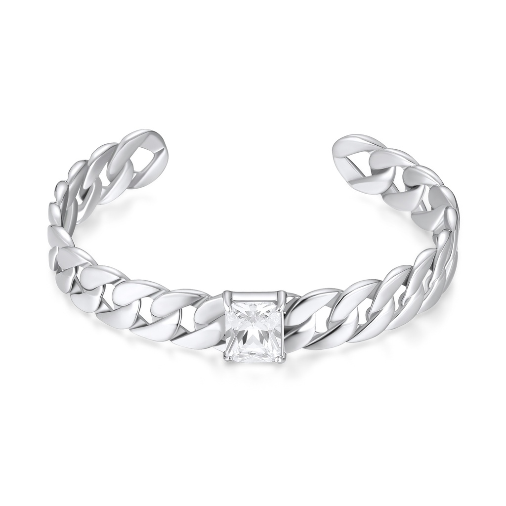 Sleek Cuban Link Cuff Bracelet with Square White Crystal