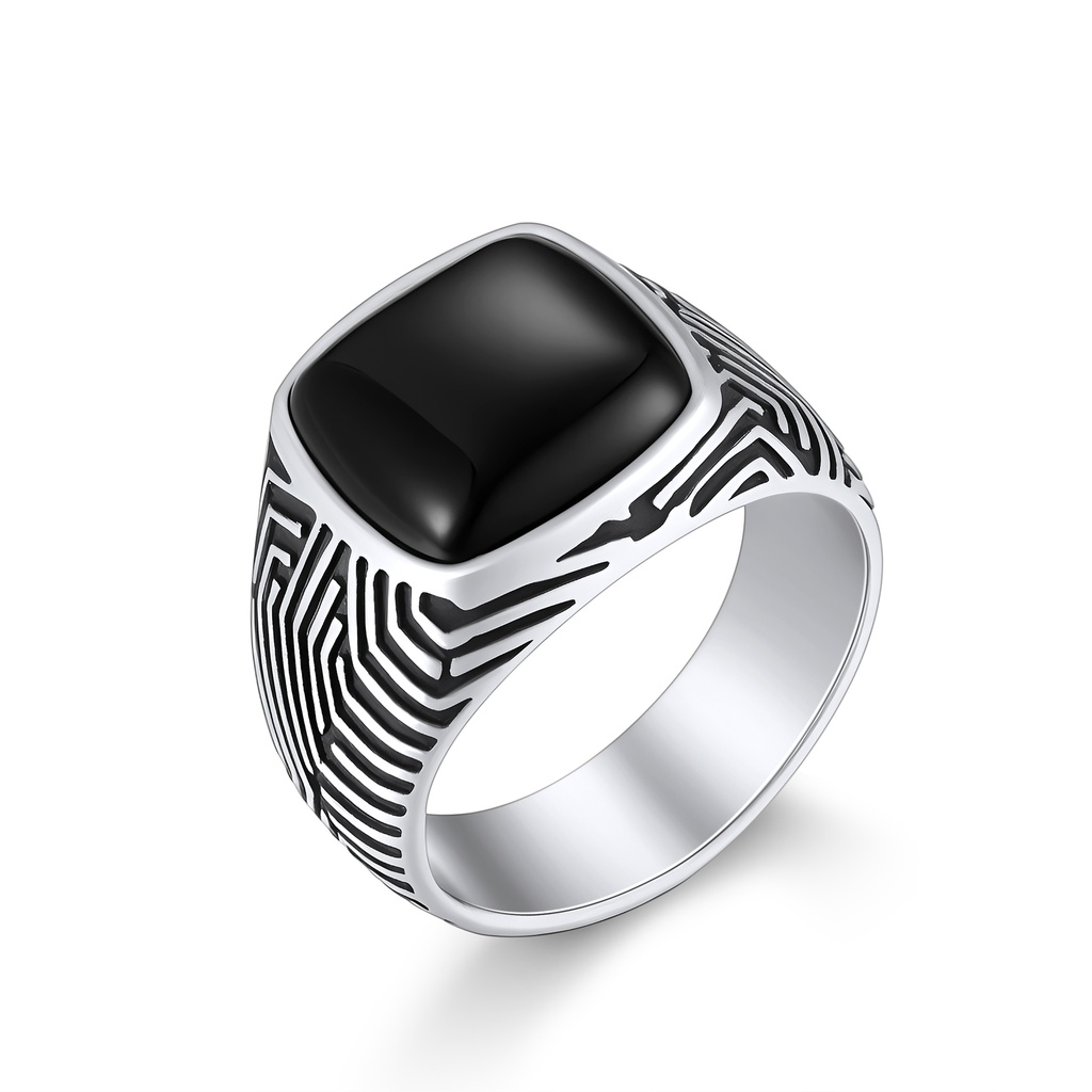Bold Stainless Steel Square Black Onyx Ring with Patterns