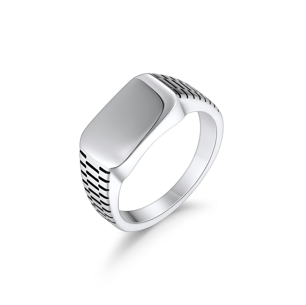 Sleek Stainless Steel Men’s Rectangular Signet Ring with Detailing