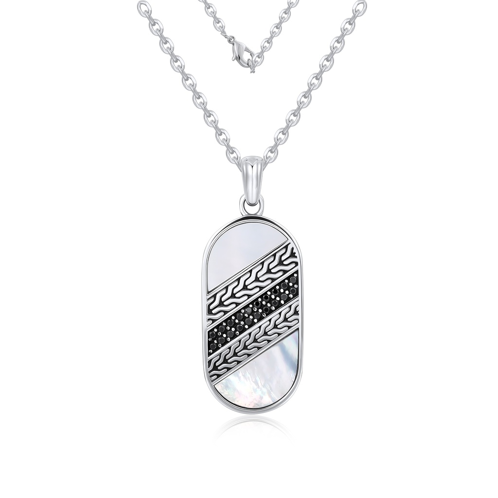 Sleek Stainless Steel Pendant with Mother-of-Pearl & Black Stones