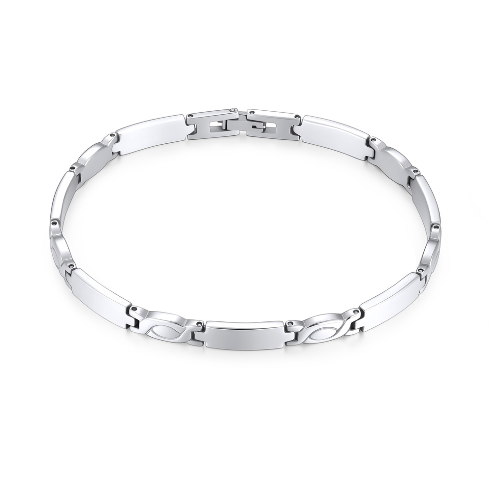 Slim Stainless Steel Link Bracelet with Polished Christian Fish Design