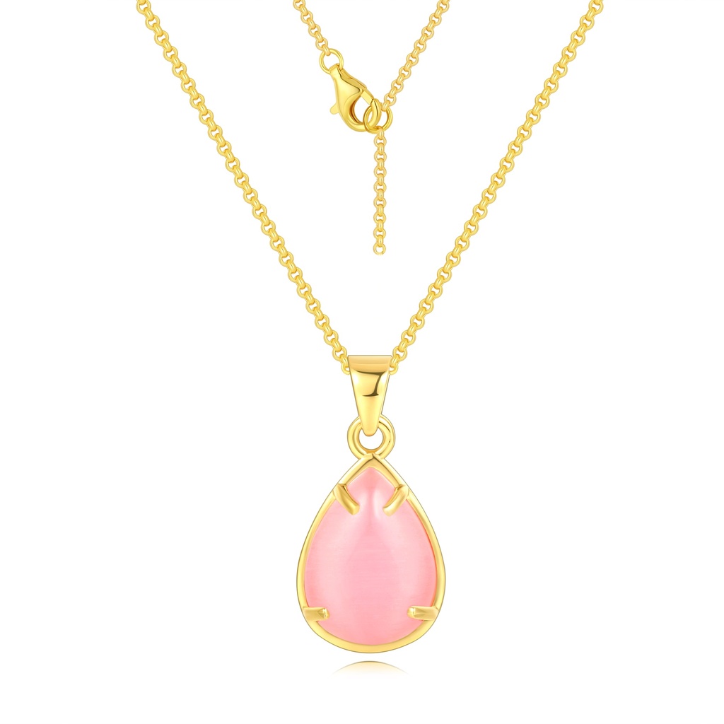 Soft Pink Teardrop Pendant Necklace in Shiny Gold Steel Setting