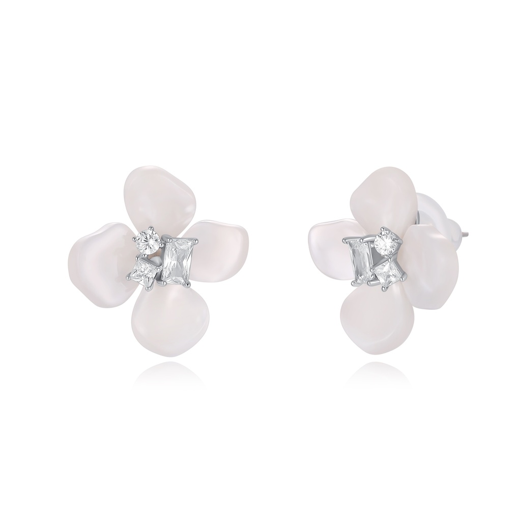 Soft White Flower Stud Earrings with Crystal Centerpieces