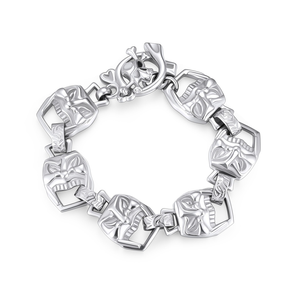 Bold Tribal Mask Stainless Steel Bracelet with Unique Charm Links
