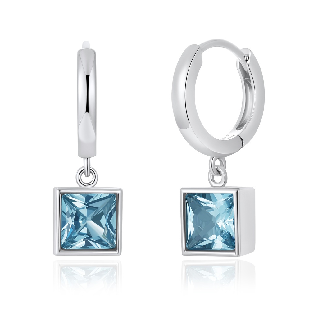 Square Blue Crystal Drop Earrings with Minimalist Hoop Design
