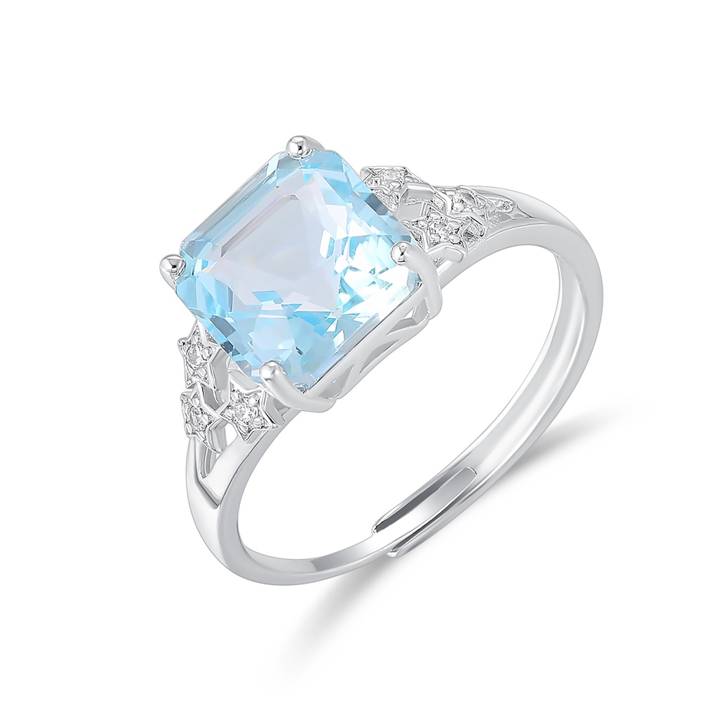 Square Blue Gem Ring with Starry Side Accent Detailing