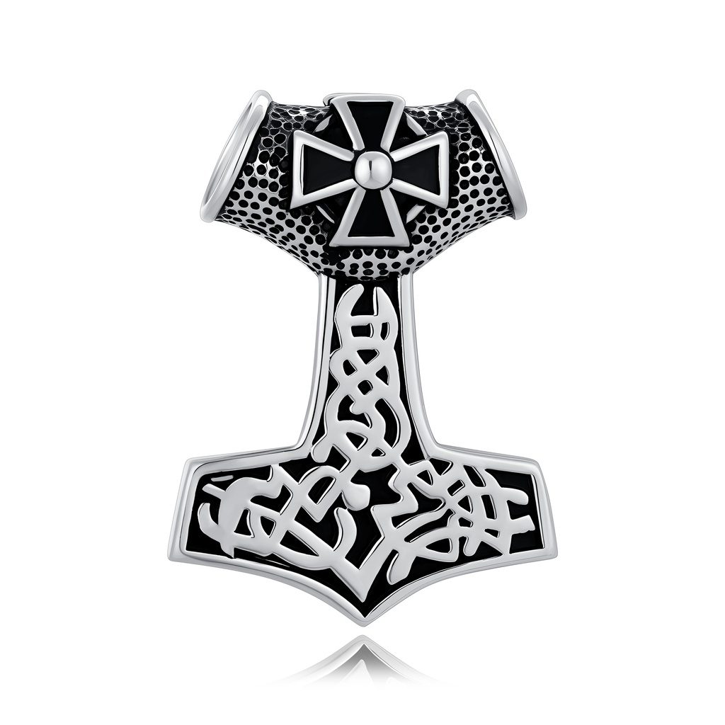 Bold Viking Mjölnir pendant featuring Celtic knots and warrior’s cross.