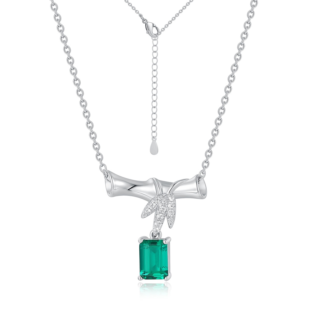 Stainless Steel Bamboo Necklace with Green Emerald-Cut Crystal Pendant