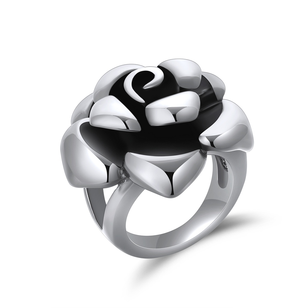 Stainless Steel Black Rose Flower Ring with High-Polish Finish