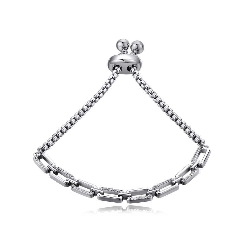 [BJ01B0470] Adjustable Silver Chain Bracelet with Pave Links