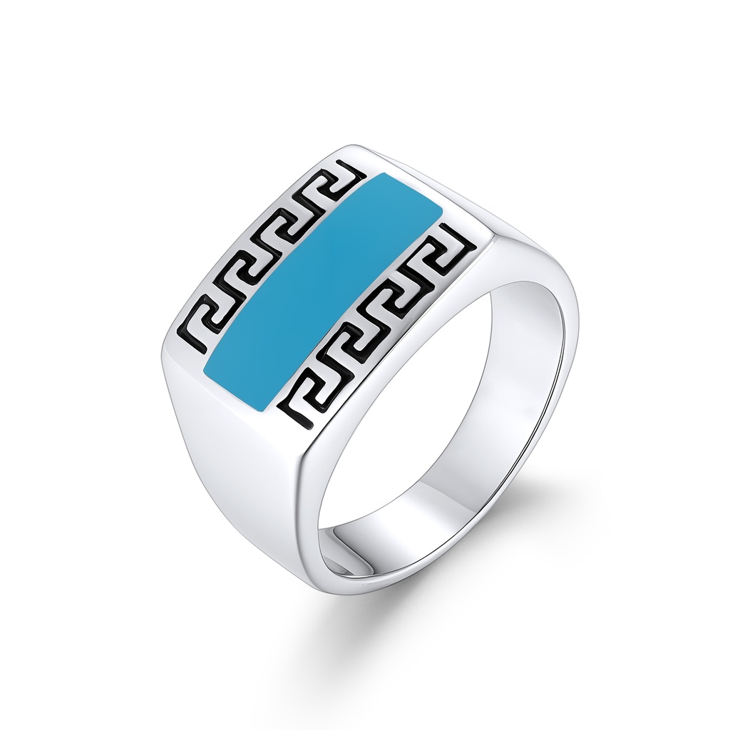Stainless Steel Blue Inlay Ring with Greek Key Design