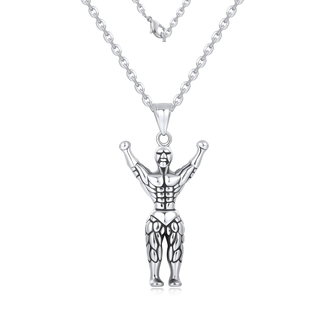 Stainless Steel Bodybuilder Pendant Necklace, Silver-Tone Motivational Gym Accessory Adjustable