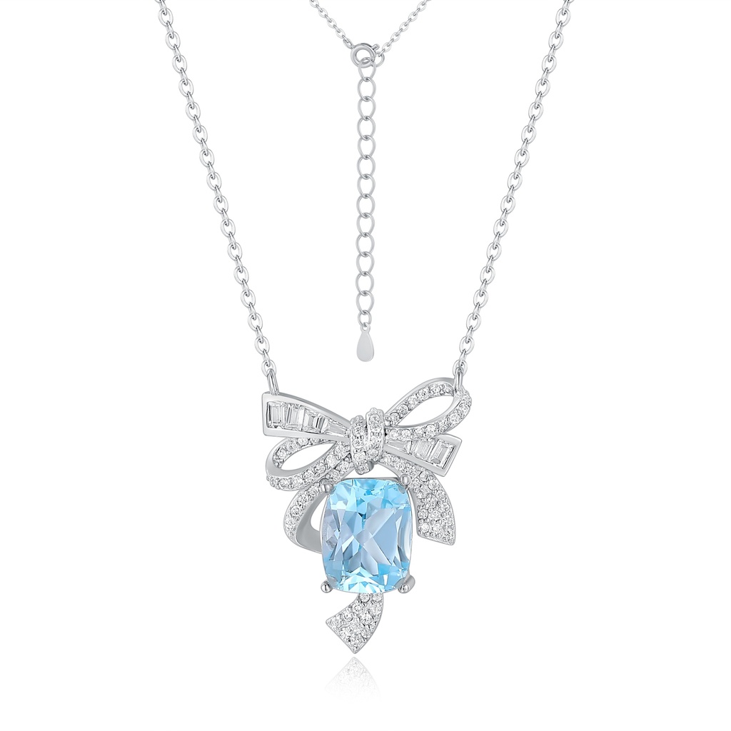 Stainless Steel Bow Necklace with Sparkling Blue Gemstone Pendant