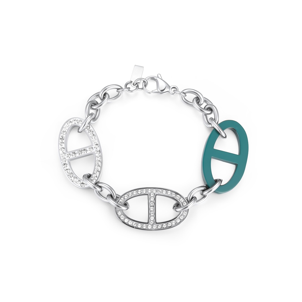 Stainless Steel Bracelet with Crystal and Teal Enamel Accents