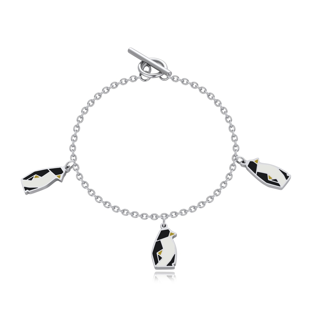 Stainless Steel Bracelet with Enamel Penguin Charms, Geometric Design