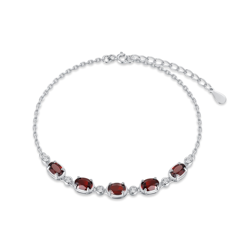 Stainless Steel Bracelet with Red Oval Zirconia and Crystals