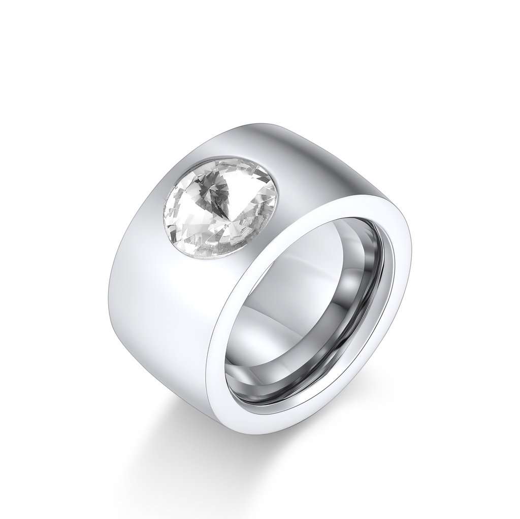 Bold Wide Stainless Steel Ring with Large Clear Gemstone